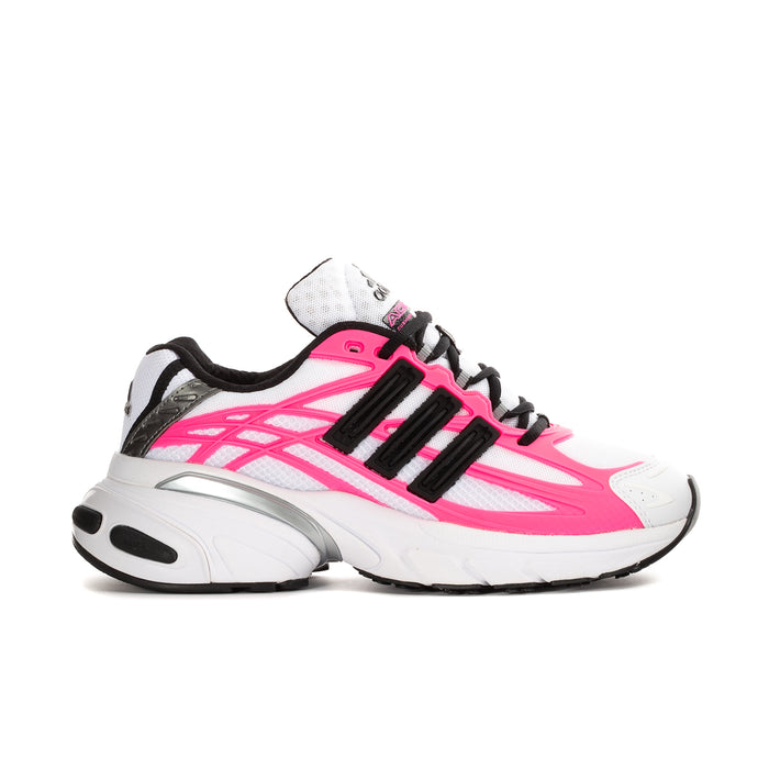 Women's athletic sneaker in white, hot pink and black with striped overlays