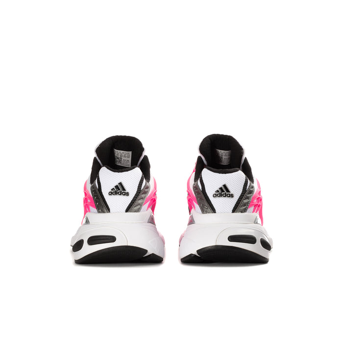 Women's sneaker heels in white and hot pink with black heel collar and chunky midsole