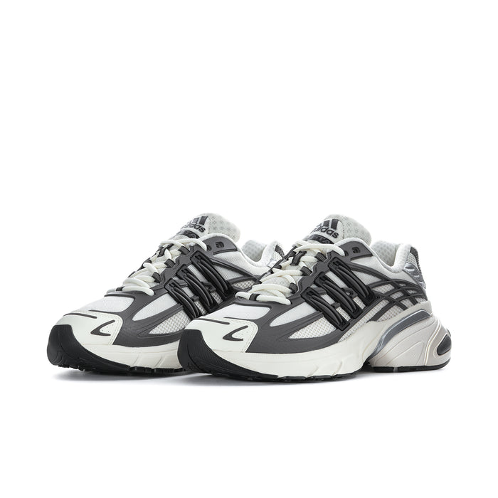 Men's running shoes with sporty stripe design; grey/black/off-white adidas lace-up.