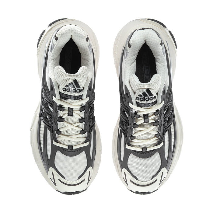 Men's lace-up sneakers with adidas tongue label; grey mesh upper and black interior.