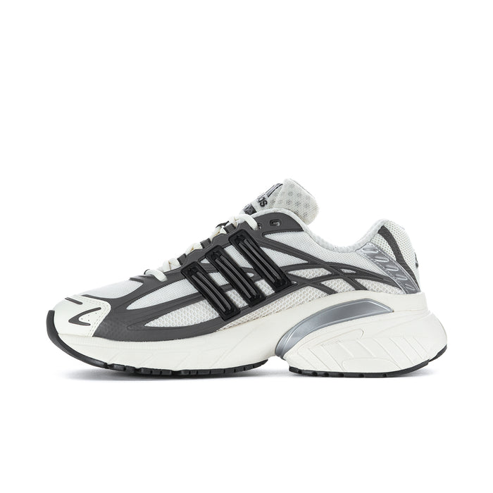 Men's running shoes with grey mesh panels and black stripe details; off-white sole.