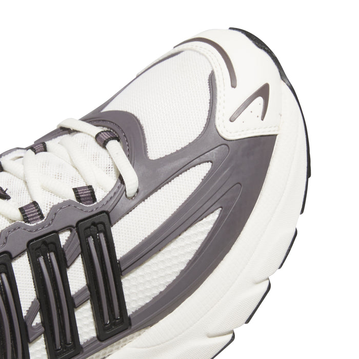 Men's sneaker side close-up: grey mesh, black stripe details, off-white cushioning.