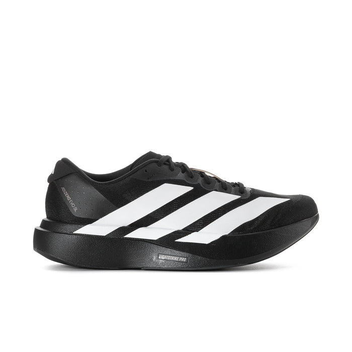 Men's black lace-up running shoe with three white stripes on the side and molded sole