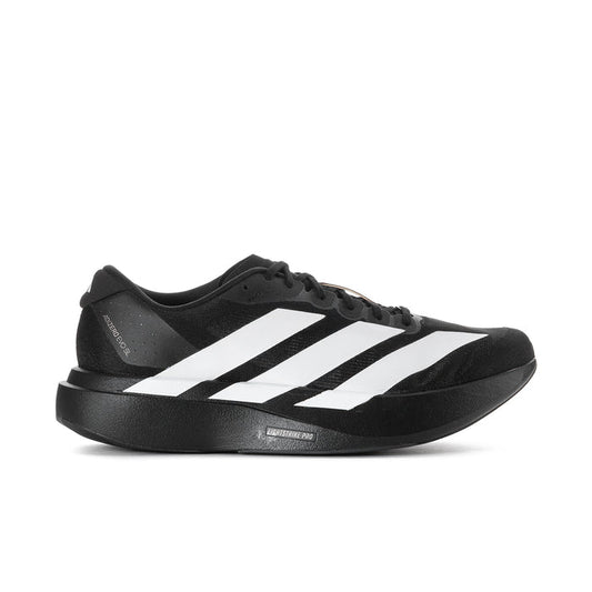 Men's black lace-up running shoe with three white stripes on the side and molded sole