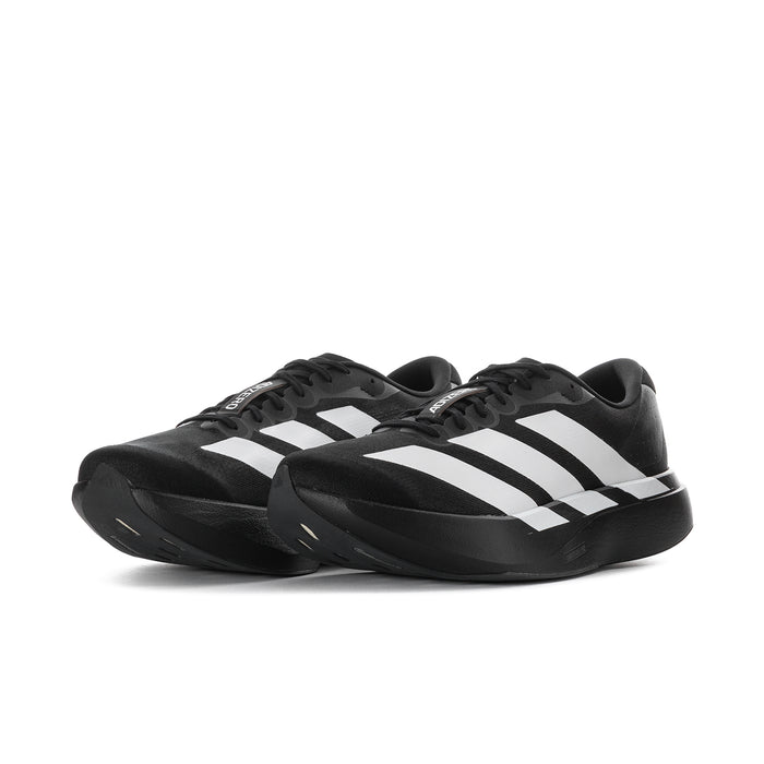Men's black lace-up running shoes with three white stripes on the side, low-profile sole