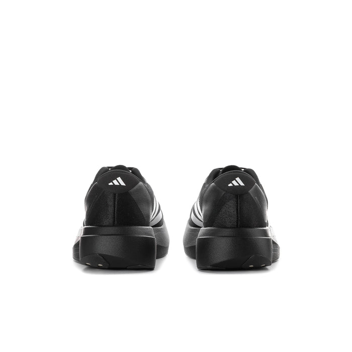 Black lace-up running shoes showing heel with small white adidas logo and cushioned back