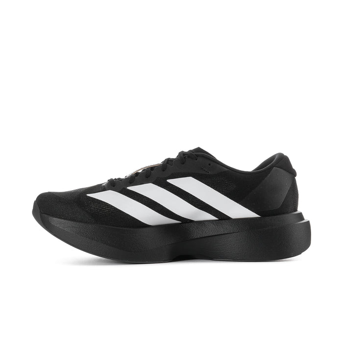 Men's black lace-up running shoe with three white stripes across the side and thick sole