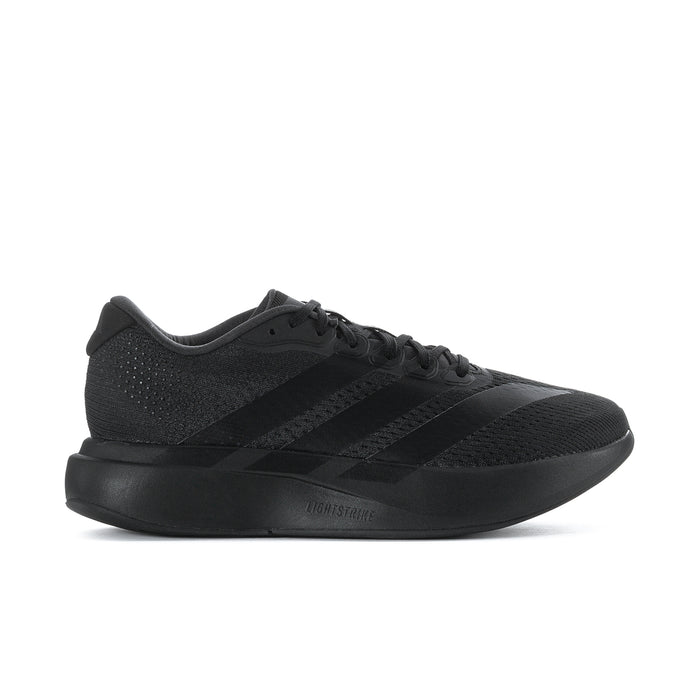 Men's black running shoes, front side view with lace-up and stripes