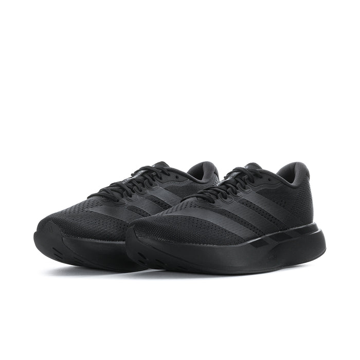 Men's black running shoes with mesh upper and three side stripes