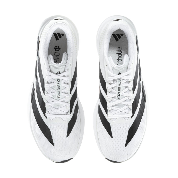 Men's white running shoes shown from above, black stripes and white laces
