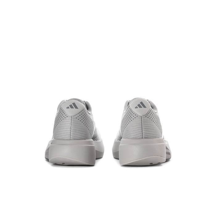 Men's Adizero Pacer running shoes, rear view with cushioned heel and grey upper