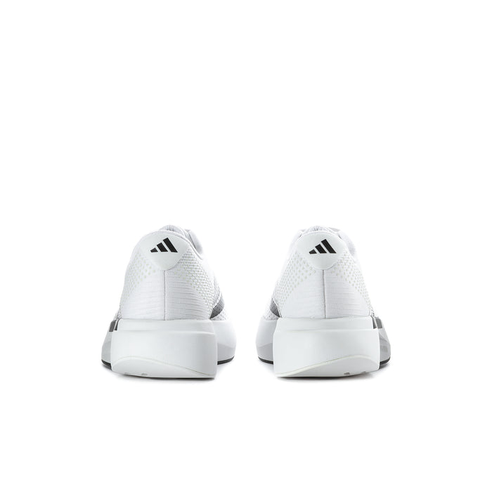 Men's white running shoes from back, black heel logo and striped accents