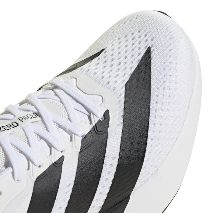 Men's white upper with black stripe overlays and perforated texture