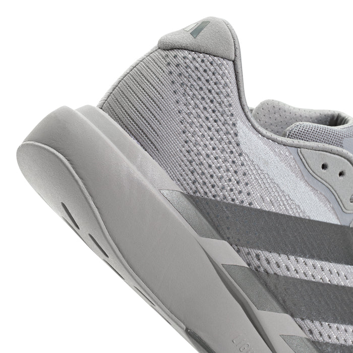 Men's Adizero Pacer shoe quarter, light grey textured knit and cushioned midsole