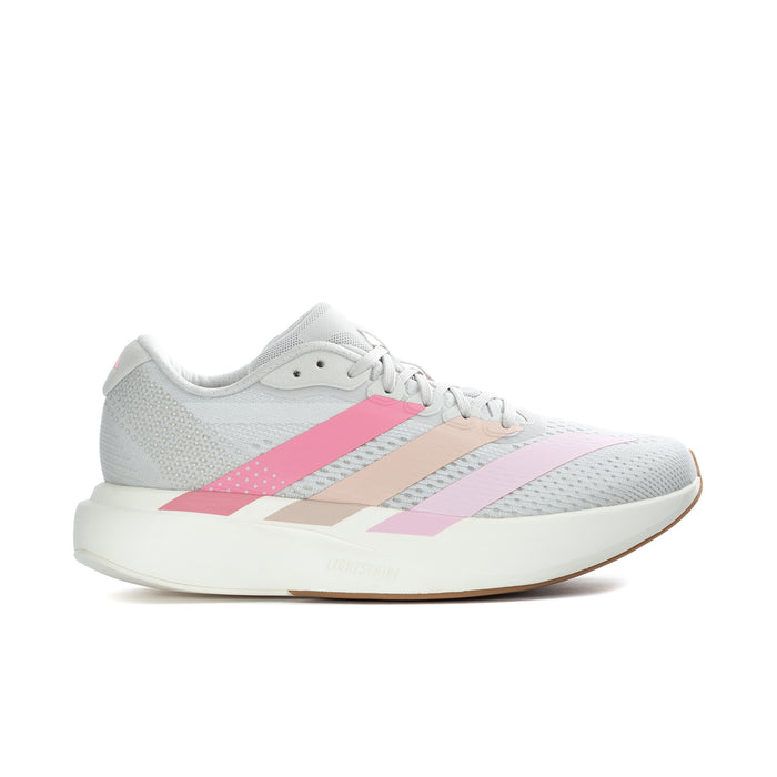 Women's running shoe in grey mesh with pink and beige stripes, white midsole