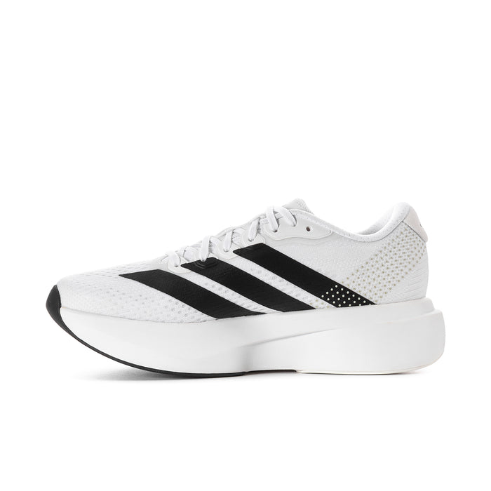 Women’s running shoes, white upper with black stripes, lace-up with padded tongue
