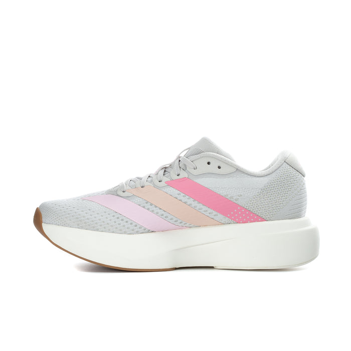 Women's grey running shoe with pink stripe panel, lace-up closure, white cushioned midsole