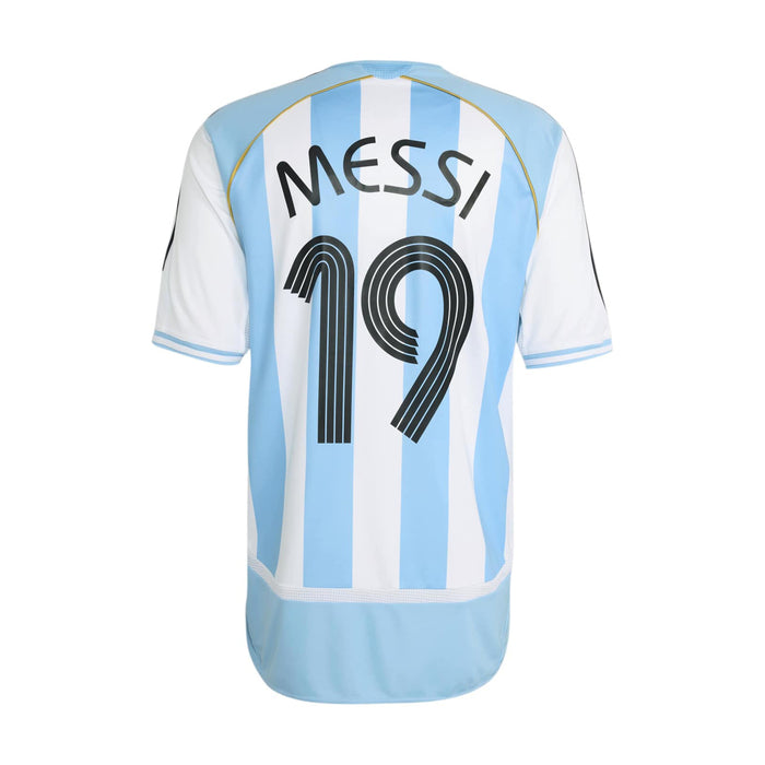 Men's AFA home jersey back view with MESSI 19 lettering over light blue and white stripes