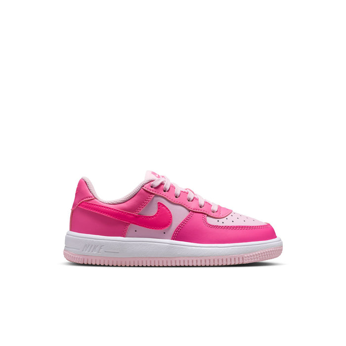 Kids pink Nike Air Force 1-style sneakers with white Swoosh, lace-up and padded collar