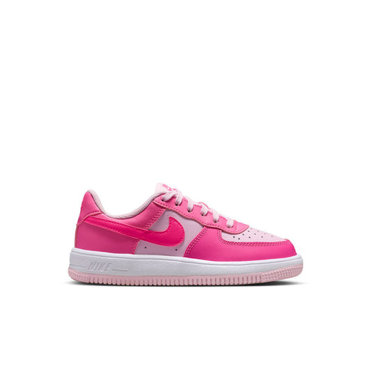 Kids pink Nike Air Force 1-style sneakers with white Swoosh, lace-up and padded collar