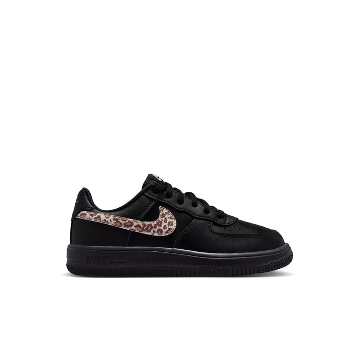 Kids Nike Air Force 1 sneakers in black with leopard-print swoosh and lace-up front