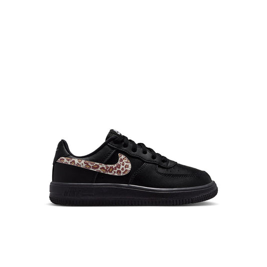 Kids Nike Air Force 1 sneakers in black with leopard-print swoosh and lace-up front