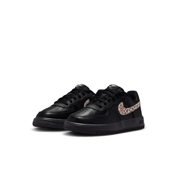 Pair of kids Nike Air Force 1 low-top sneakers, black leather with leopard swooshes