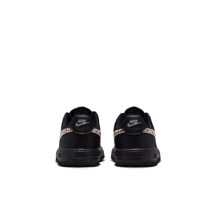 Back view of kids Nike Air Force 1 sneakers in black with leopard heel accents