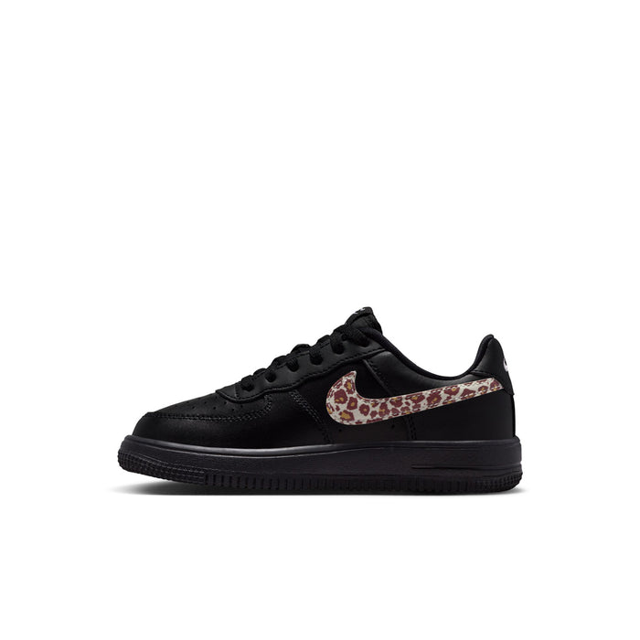 Kids Nike Air Force 1 low-top sneakers, black leather with leopard-print swoosh