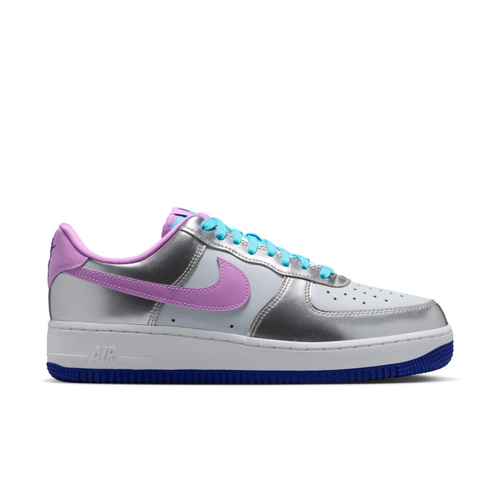 Women's Nike Air Force 1 low-top sneakers, silver with purple swoosh and blue laces