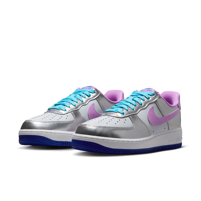 Women's Nike Air Force 1 low-top sneakers pair, silver uppers with purple and teal accents