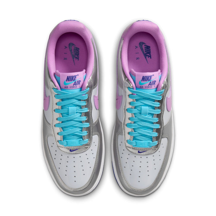 Women's Nike Air Force 1 low-top sneakers, view of tongue and lace area, purple and teal