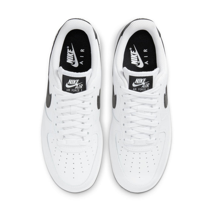 Women’s white Air Force 1 sneakers, top view with white laces and perforations