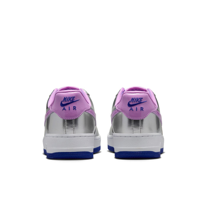 Women's Nike Air Force 1 low-top sneakers, rear view with purple heel tab and blue outsole