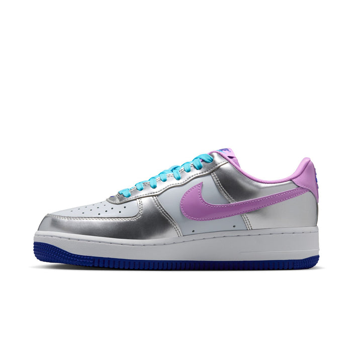 Women's Nike Air Force 1 low-top sneakers, silver upper with purple swoosh and blue outsole