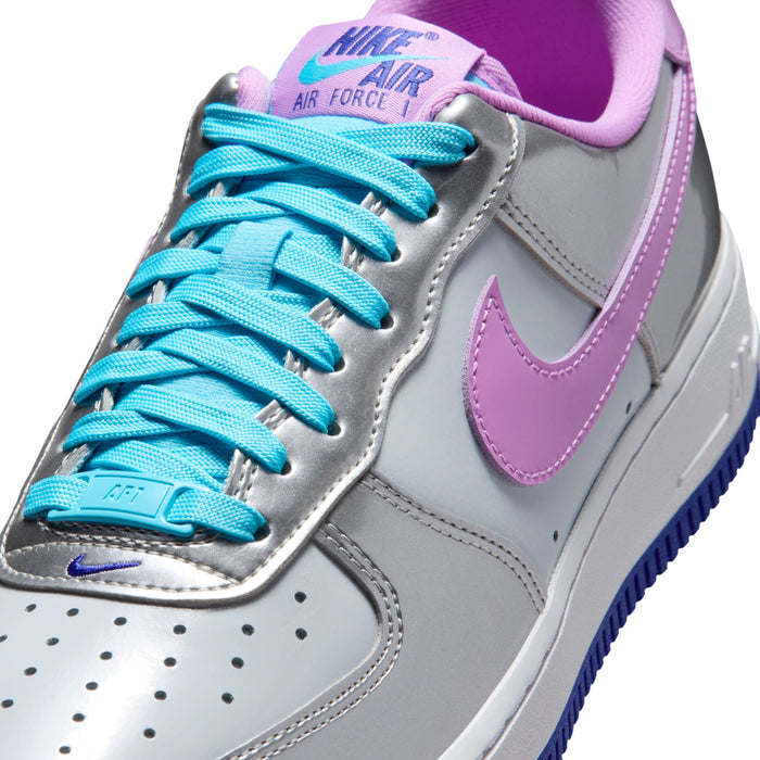 Women's Nike Air Force 1 low-top sneakers, close-up of teal laces on silver and purple panels