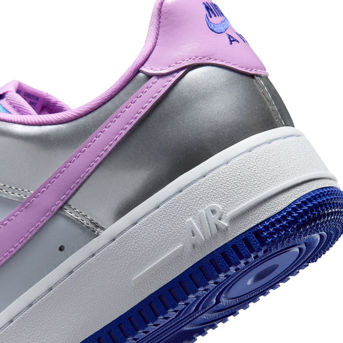 Women's Nike Air Force 1 low-top sneakers, close-up midsole with Air detail and purple trim