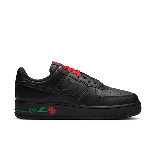 Womens Nike Air Force 1 low-top sneaker, black leather with red laces and green accents