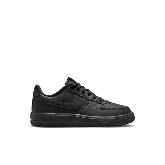Kids black low-top lace-up sneakers with Nike Swoosh and textured rubber sole