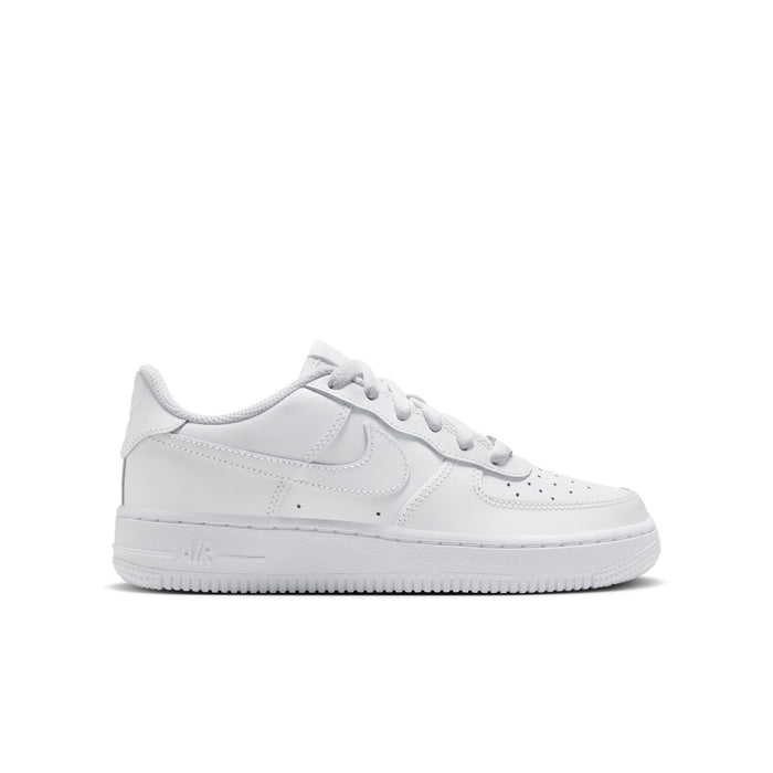 Youth low-top sneaker, white leather upper with Nike swoosh and lace-up