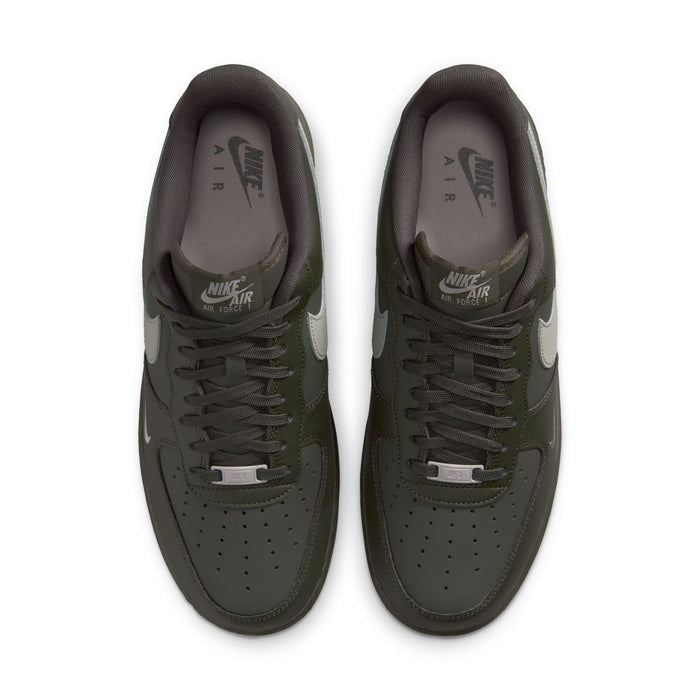 Men's Air Force 1 low-top sneakers, tongue and lace view, dark olive with gray accents