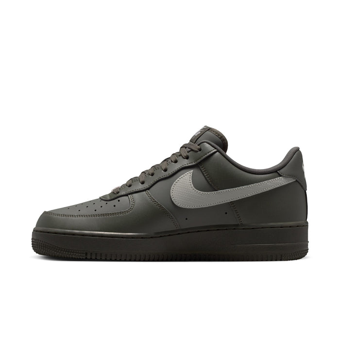 Men's Air Force 1 low-top sneaker side view, dark olive with silver Swoosh and laces