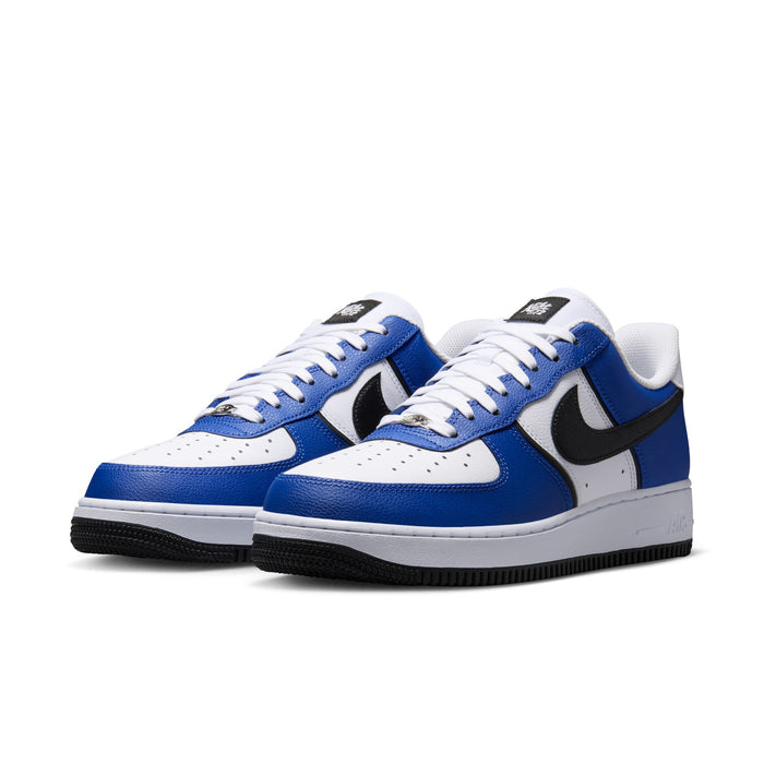 Nike Air Force 1 Low men's sneakers pair in blue and white with black swooshes.