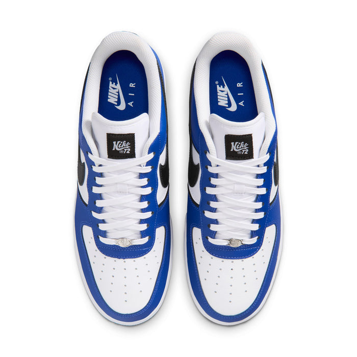 Nike Air Force 1 Low men's sneakers top view with blue tongues and white laces.