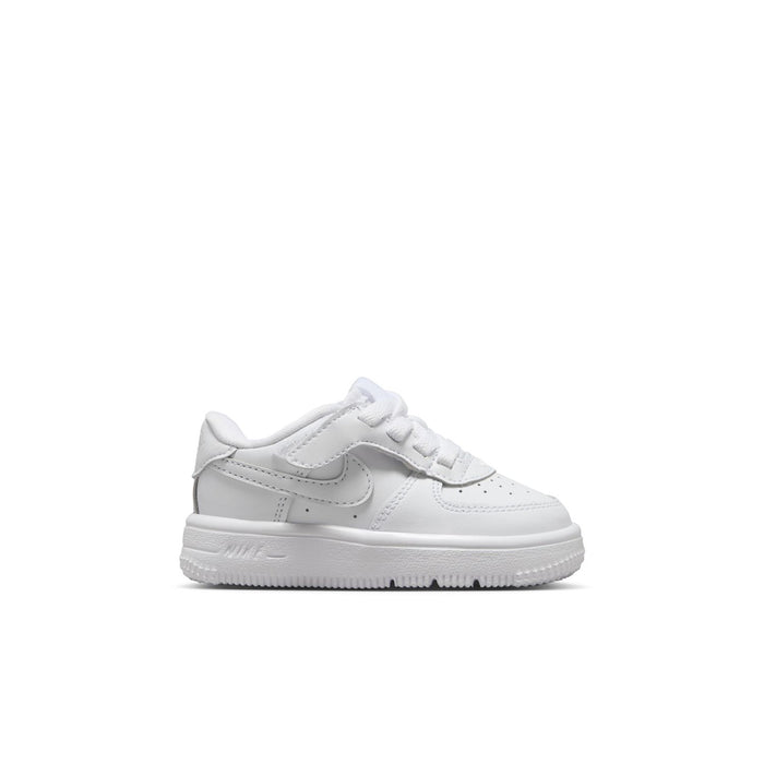 Toddler low-top sneakers in white with gray swoosh and perforated toe panels