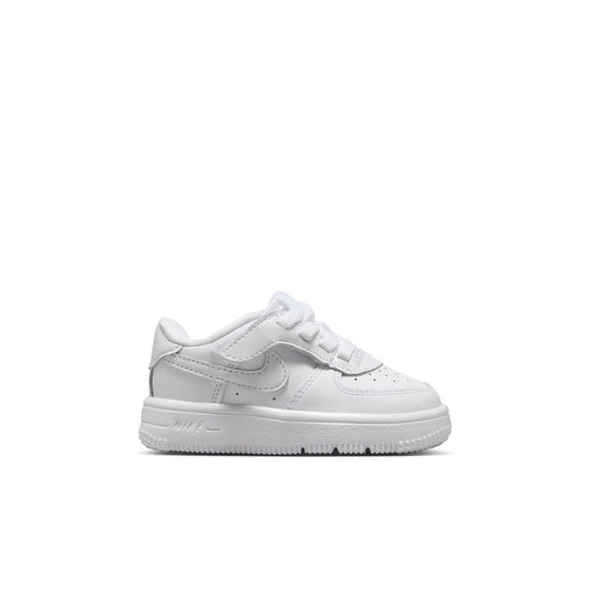 Toddler low-top sneakers in white with gray swoosh and perforated toe panels