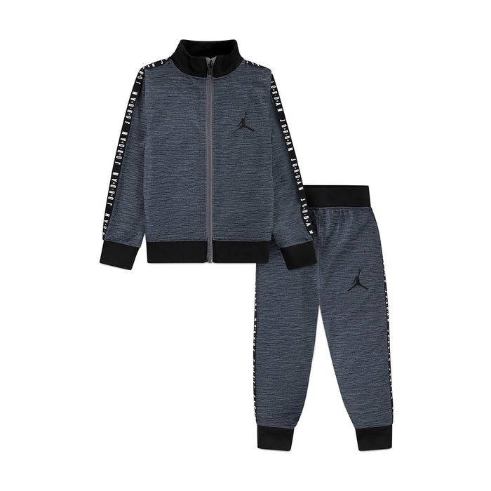 Kids heather grey tricot tracksuit set with black cuffs; zip jacket and jogger pants.