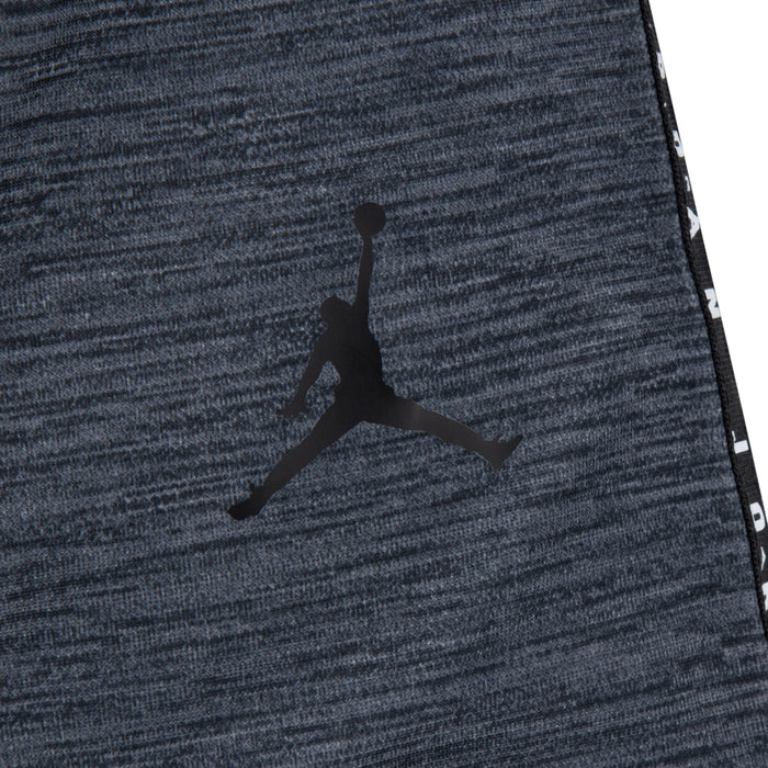 Jordan silhouette logo on heather grey tricot fabric with black side stripe trim.