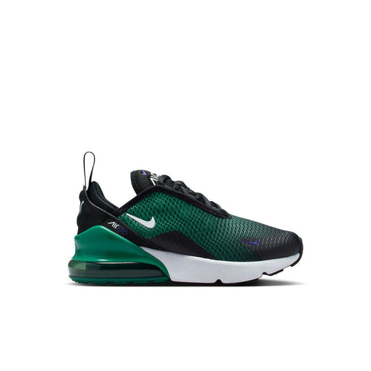 Kids Nike Air Max 270 sneakers in dark green, black, and white with teal air sole