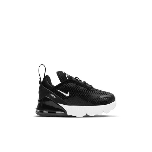 Toddler black and white Nike Air Max 270 sneaker with white midsole and Swoosh